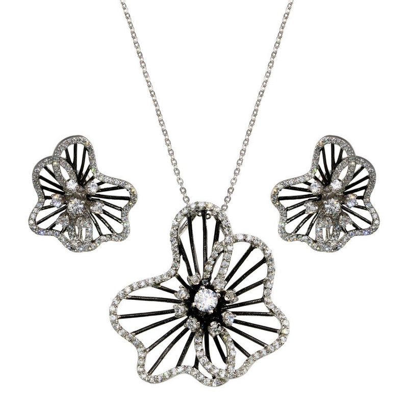 Closeout-Silver 925 Rhodium and Black Rhodium Plated Clear Flower CZ Stud Earring and Necklace Set - BGS00155 | Silver Palace Inc.