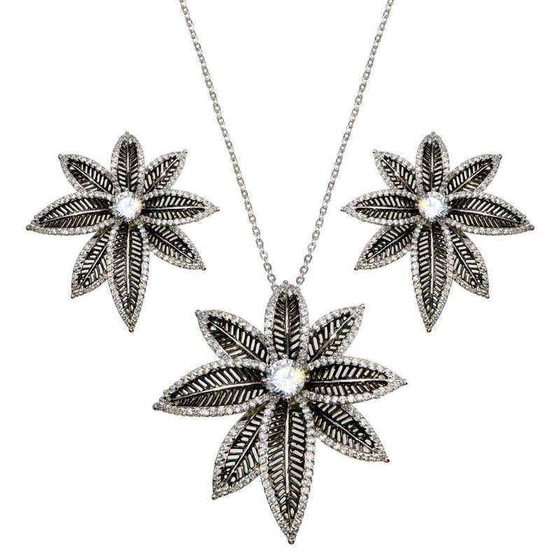 Closeout-Silver 925 Rhodium and Black Rhodium Plated Spiny Pointed Flower Clear CZ Stud Earring and Necklace Set - BGS00156 | Silver Palace Inc.