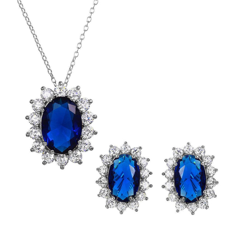 Silver 925 Rhodium Plated Oval Halo Set with Blue and Clear CZ Stones - BGS00174 | Silver Palace Inc.