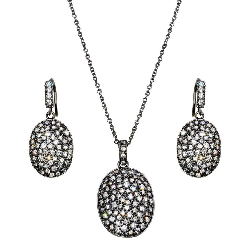 Closeout-Silver 925 Black Rhodium Plated Oval Clear CZ Leverback Earring and Necklace Set - BGS00181 | Silver Palace Inc.