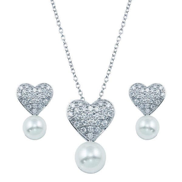 Rhodium Plated 925 Sterling Silver Pearl Clear Heart CZ Hanging Set - BGS00217 | Silver Palace Inc.