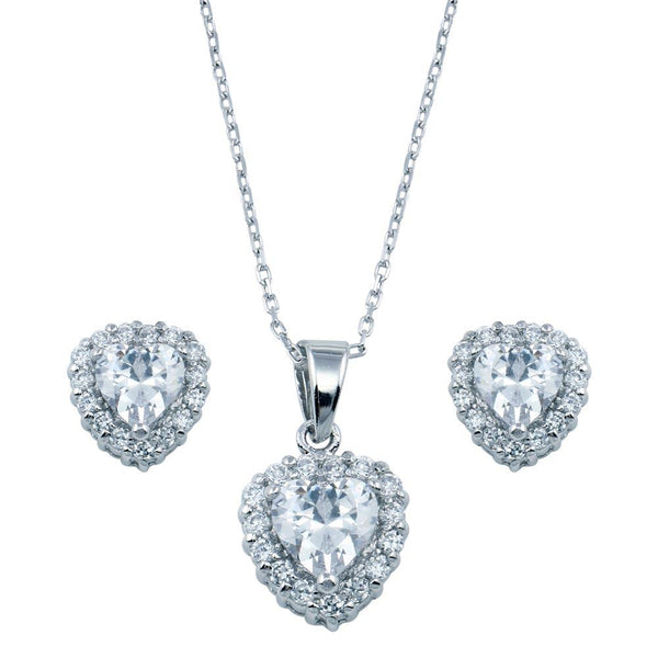 Silver 925 Rhodium Plated Heart Clear CZ Set - BGS00228 | Silver Palace Inc.