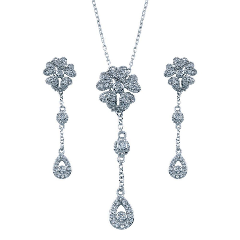 Rhodium Plated 925 Sterling Silver Clear Teardrop Flower CZ Dangling Set - BGS00231 | Silver Palace Inc.
