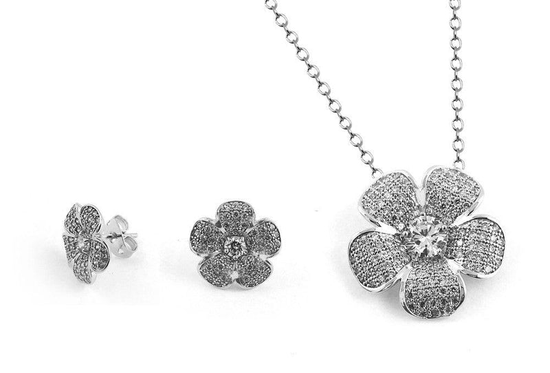 Silver 925 Rhodium Plated Clear Pave Set Flower CZ Stud Earring and Necklace Set - BGS00253 | Silver Palace Inc.