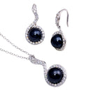 Silver 925 Rhodium Plated Black Pearl Clear CZ Hanging Stud Earring and Necklace Set - BGS00272 | Silver Palace Inc.