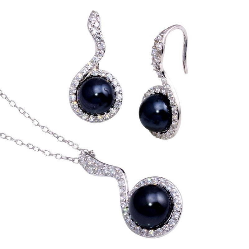 Silver 925 Rhodium Plated Black Pearl Clear CZ Hanging Stud Earring and Necklace Set - BGS00272 | Silver Palace Inc.