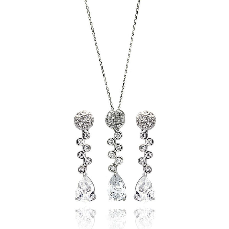 Silver 925 Rhodium Plated Clear Round and Teardrop CZ Drop Stud Earring and Necklace Set - BGS00293 | Silver Palace Inc.