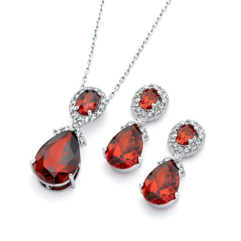 Silver 925 Rhodium Plated Red and Clear Teardrop Oval CZ Dangling Stud Earring and Dangling Necklace Set - BGS00299 | Silver Palace Inc.