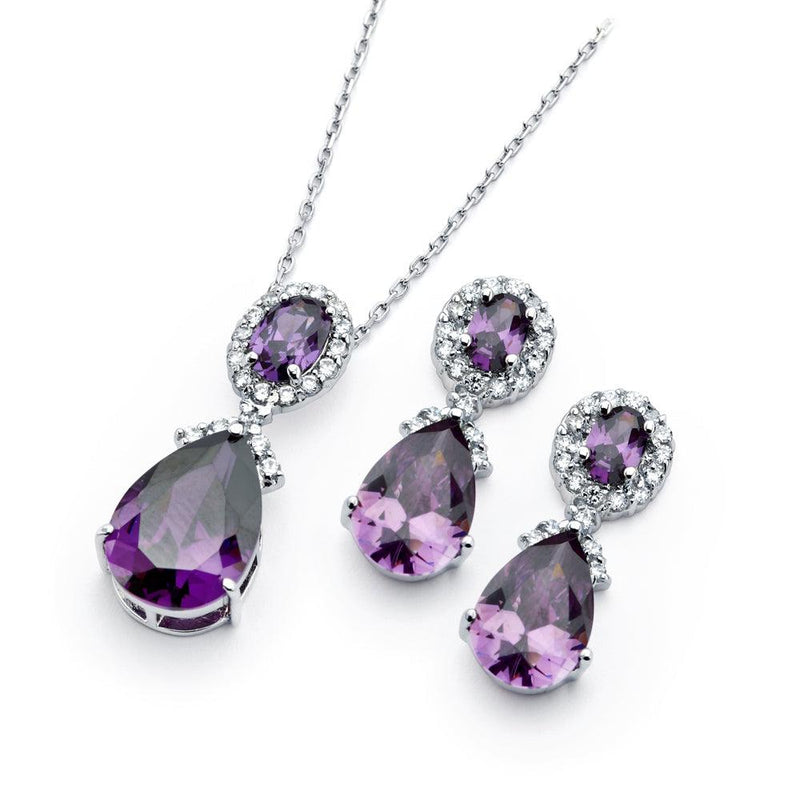 Silver 925 Rhodium Plated Purple and Clear Teardrop Oval CZ Dangling Stud Earring and Dangling Necklace Set - BGS00300 | Silver Palace Inc.
