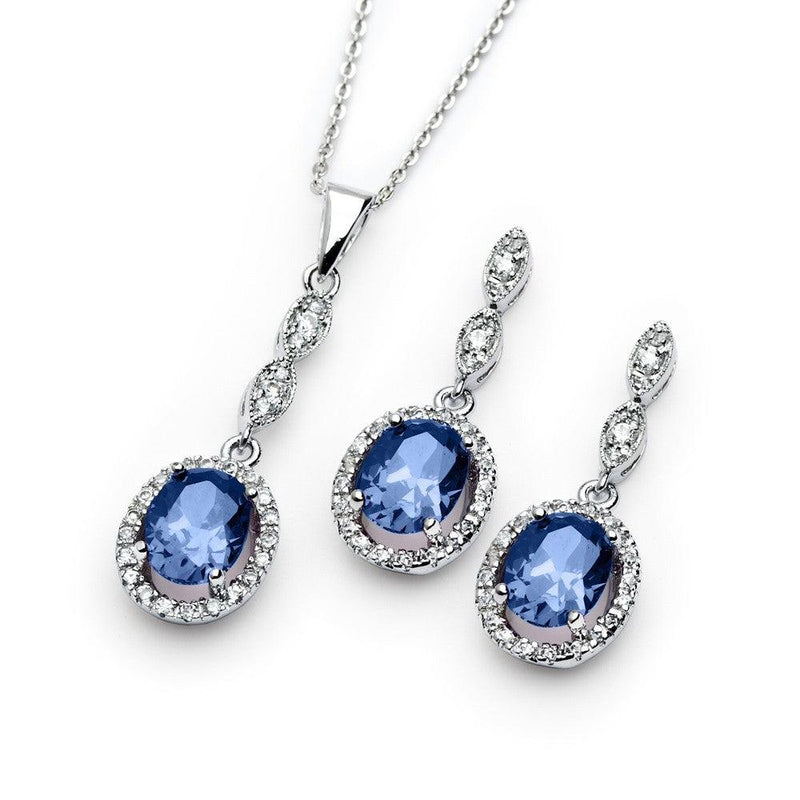 Silver 925 Rhodium Plated Blue and Clear Oval CZ Dangling Stud Earring and Dangling Necklace Set - BGS00331 | Silver Palace Inc.