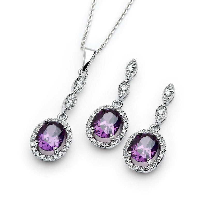 Silver 925 Rhodium Plated Purple and Clear Oval CZ Dangling Stud Earring and Dangling Necklace Set - BGS00332 | Silver Palace Inc.