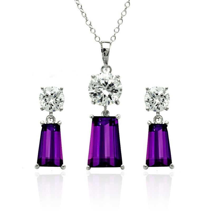 Silver 925 Rhodium Plated Clear Round Purple Rectangular CZ Dangling Stud Earring and Dangling Necklace Set - BGS00361 | Silver Palace Inc.