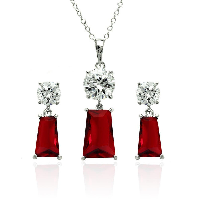 Silver 925 Rhodium Plated Clear Round Red Rectangular CZ Dangling Stud Earring and Dangling Necklace Set - BGS00362 | Silver Palace Inc.