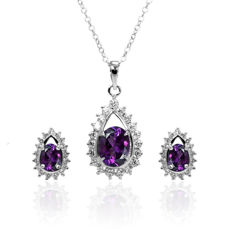 Silver 925 Rhodium Plated Clear and Purple Teardrop Cluster CZ Stud Earring and Necklace Set - BGS00364 | Silver Palace Inc.
