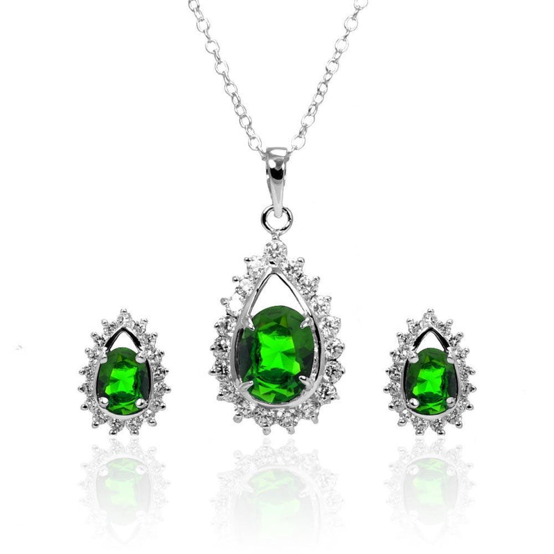 Silver 925 Rhodium Plated Clear and Green Teardrop Cluster CZ Stud Earring and Necklace Set - BGS00366 | Silver Palace Inc.