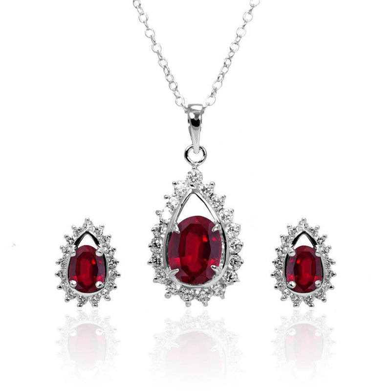 Silver 925 Rhodium Plated Clear and Red Teardrop Cluster CZ Stud Earring and Necklace Set - BGS00367 | Silver Palace Inc.