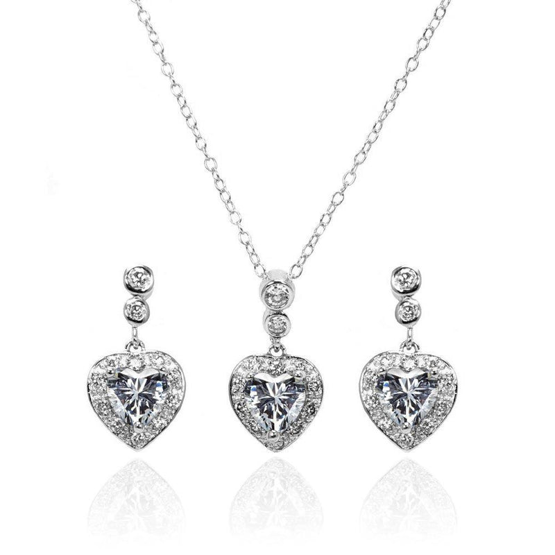 Silver 925 Rhodium Plated Clear Round and Heart Shaped CZ Dangling Stud Earring and Necklace Set - BGS00368 | Silver Palace Inc.
