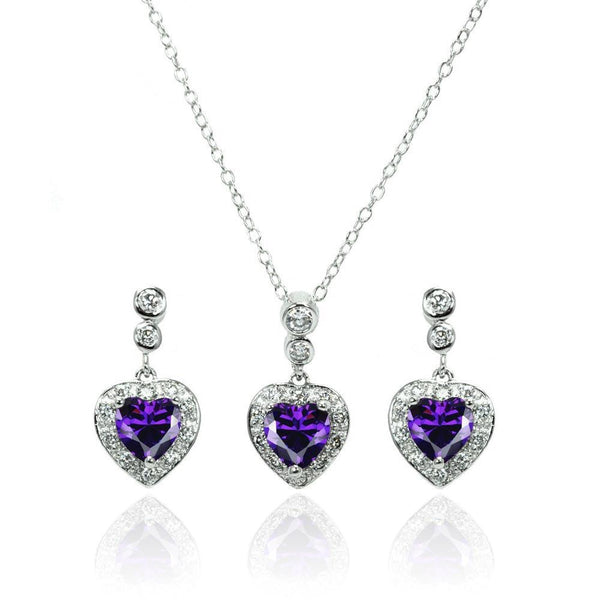 Silver 925 Rhodium Plated Clear and Purple Heart CZ Dangling Stud Earring and Necklace Set - BGS00369 | Silver Palace Inc.