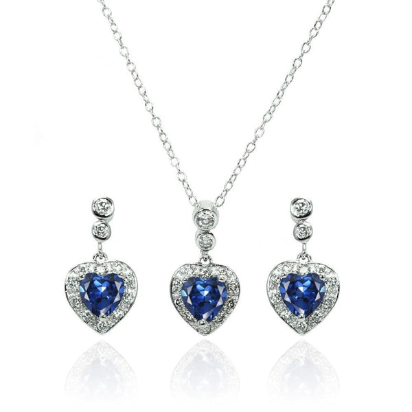 Silver 925 Rhodium Plated Clear and Blue Heart CZ Dangling Stud Earring and Necklace Set - BGS00370 | Silver Palace Inc.