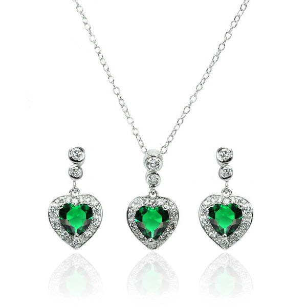 Silver 925 Rhodium Plated Clear and Green Heart CZ Dangling Stud Earring and Necklace Set - BGS00371 | Silver Palace Inc.