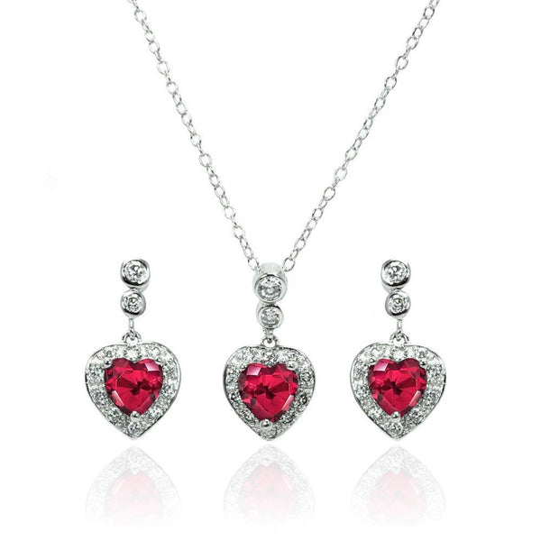 Silver 925 Rhodium Plated Clear and Red Heart CZ Dangling Stud Earring and Necklace Set - BGS00372 | Silver Palace Inc.