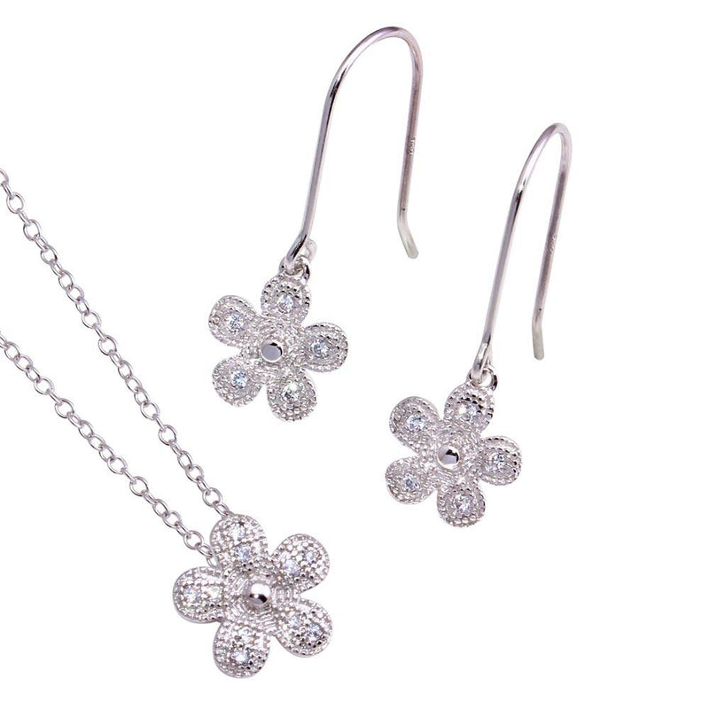 Silver 925 Rhodium Plated Clear Pave Set Flower CZ Hook Earring and Necklace Set - BGS00373 | Silver Palace Inc.