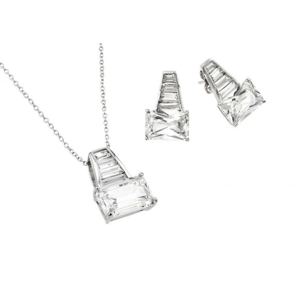 Silver 925 Rhodium Plated Clear Baguette CZ Stud Earring and Necklace Set - BGS00376 | Silver Palace Inc.