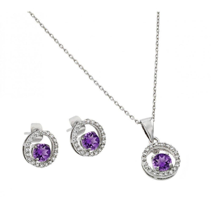 Silver 925 Rhodium Plated Clear and Purple Round Open Circle CZ Stud Earring and Dangling Necklace Set - BGS00378 | Silver Palace Inc.