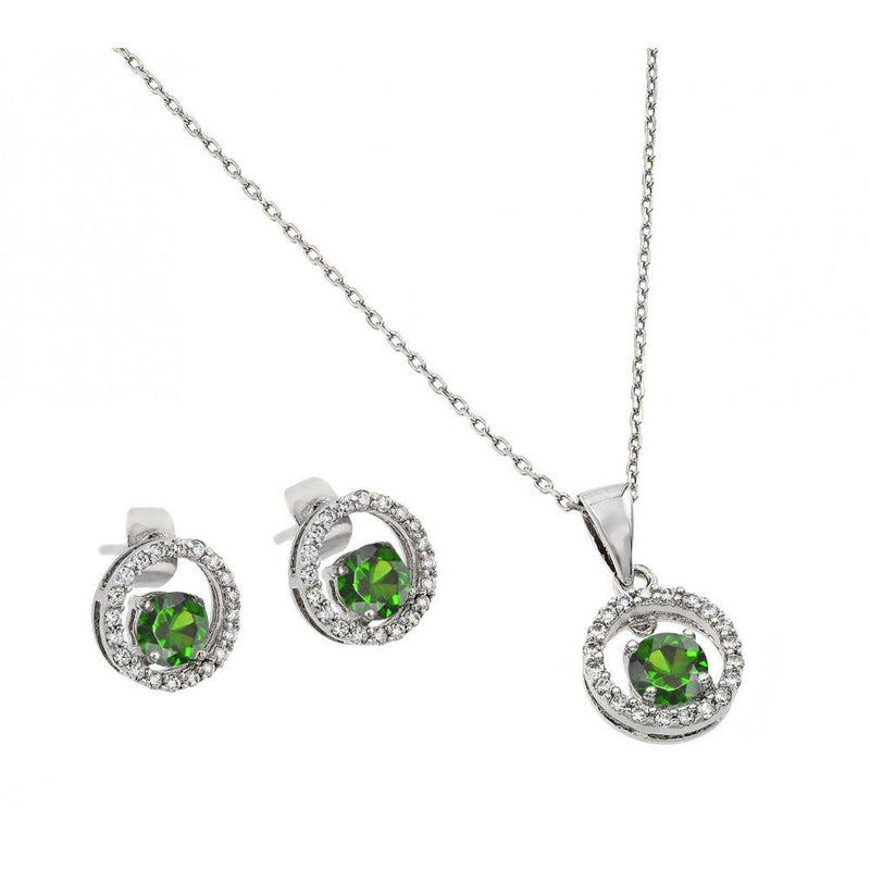 Silver 925 Rhodium Plated Clear and Green Round Open Circle CZ Stud Earring and Dangling Necklace Set - BGS00380 | Silver Palace Inc.