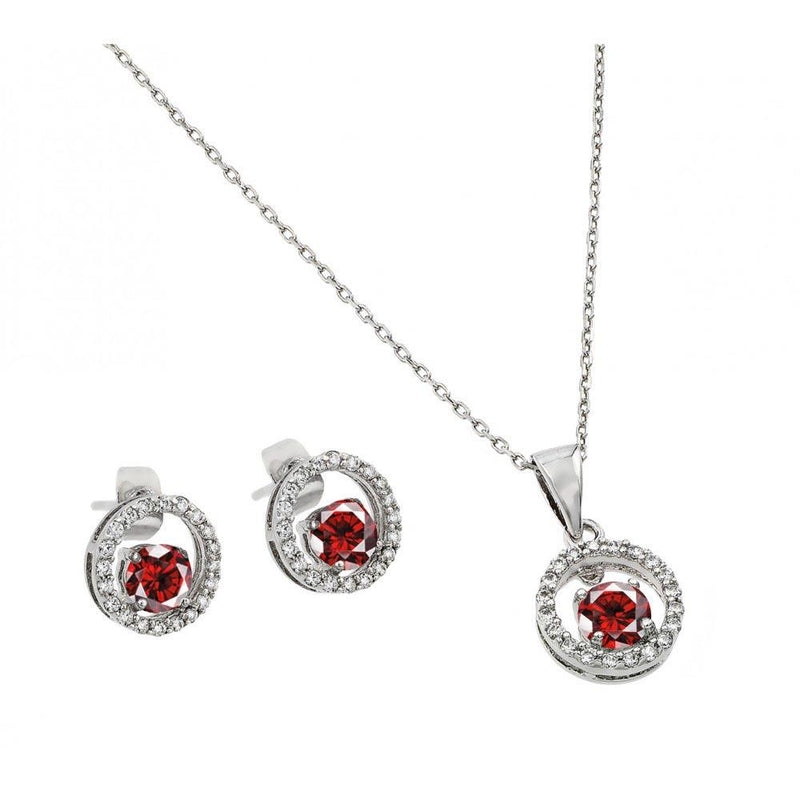 Silver 925 Rhodium Plated Clear and Red Round Open Circle CZ Stud Earring and Dangling Necklace Set - BGS00381 | Silver Palace Inc.