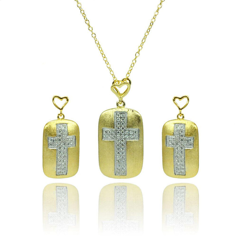 Silver 925 Rhodium and Gold Plated Clear CZ Cross Center Open Heart Dangling Stud Earring and Necklace Set - BGS00382 | Silver Palace Inc.