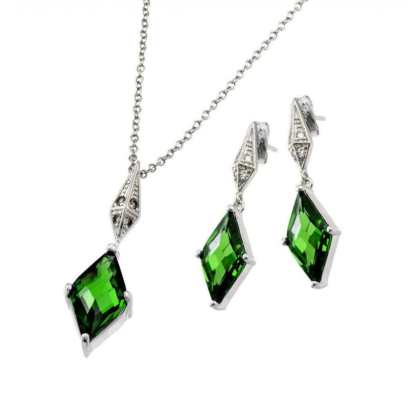 Silver 925 Rhodium Plated Clear Inlay Green Diamond Shaped CZ Dangling Stud Earring and Dangling Necklace Set - BGS00401G | Silver Palace Inc.