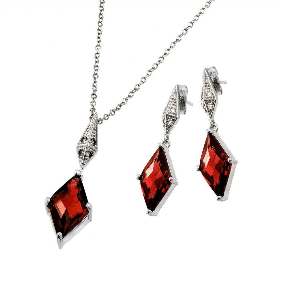 Silver 925 Rhodium Plated Clear Inlay Red Diamond Shaped CZ Dangling Stud  Earring and Dangling Necklace Set - BGS00401R