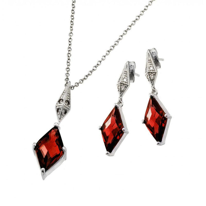 Silver 925 Rhodium Plated Clear Inlay Red Diamond Shaped CZ Dangling Stud Earring and Dangling Necklace Set - BGS00401R | Silver Palace Inc.