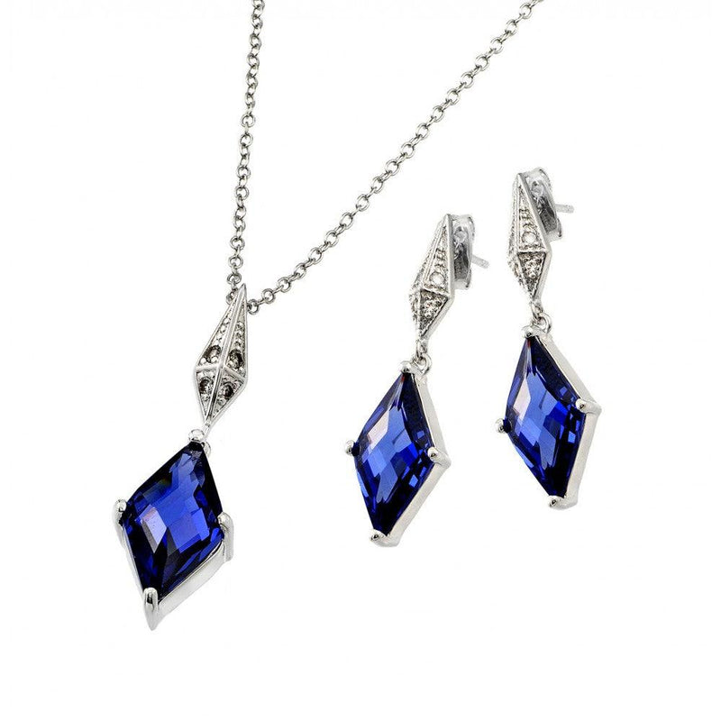 Silver 925 Rhodium Plated Clear Inlay Blue Diamond Shaped CZ Dangling Stud Earring and Dangling Necklace Set - BGS00401TAN | Silver Palace Inc.