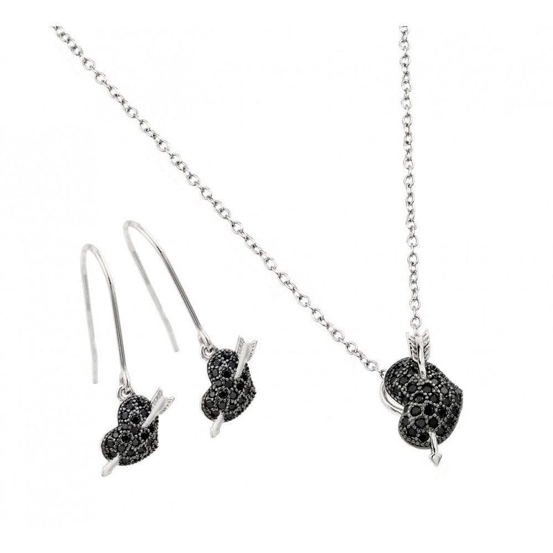 Silver 925 Rhodium and Black Rhodium Plated Black Heart Arrow CZ Hook Earring and Necklace Set - BGS00403 | Silver Palace Inc.