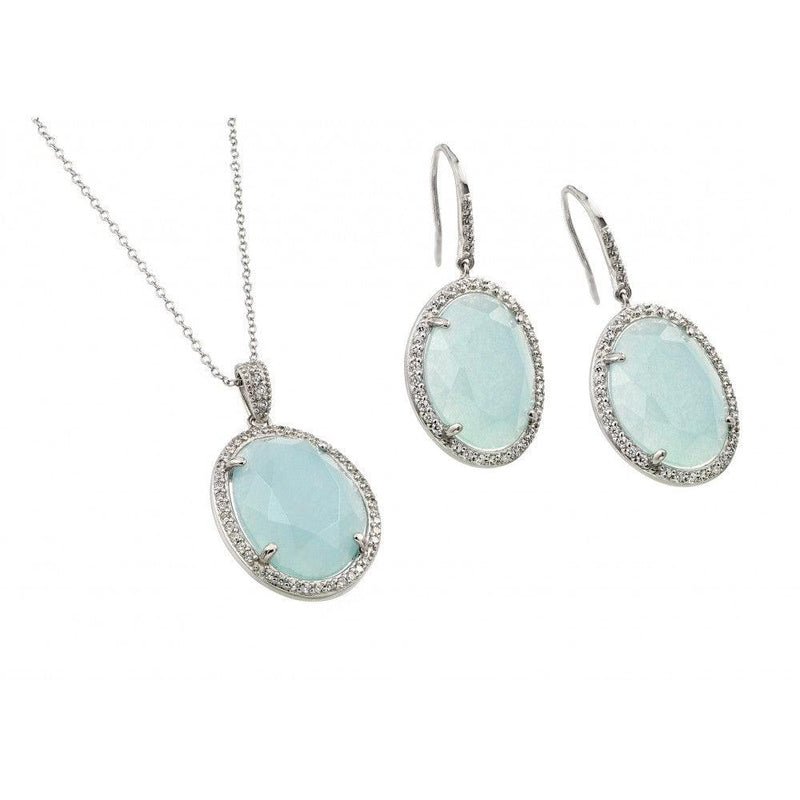 Silver 925 Rhodium Plated Clear Cluster Light Blue Oval CZ Hook Earring and Necklace Set - BGS00411 | Silver Palace Inc.