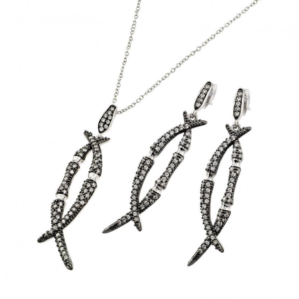 Silver 925 Black Rhodium Plated Clear Overlap Marquise CZ Dangling Set - BGS00412 | Silver Palace Inc.