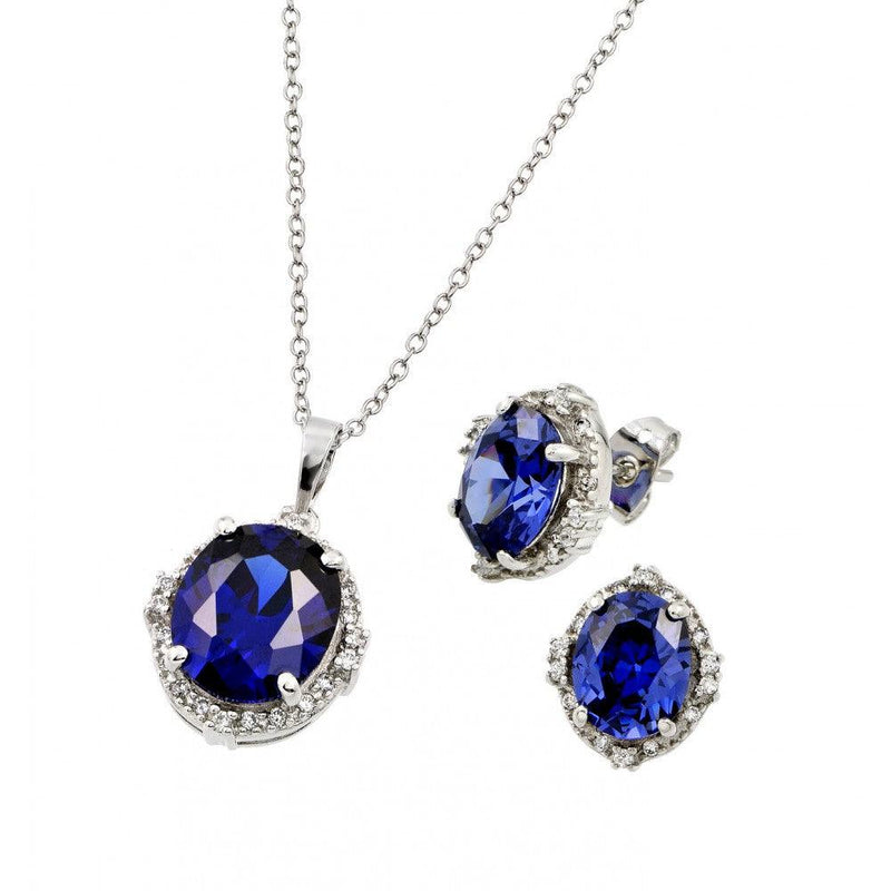 Silver 925 Rhodium Plated Blue Round Clear Cluster CZ Stud Earring and Necklace Set - BGS00413 | Silver Palace Inc.