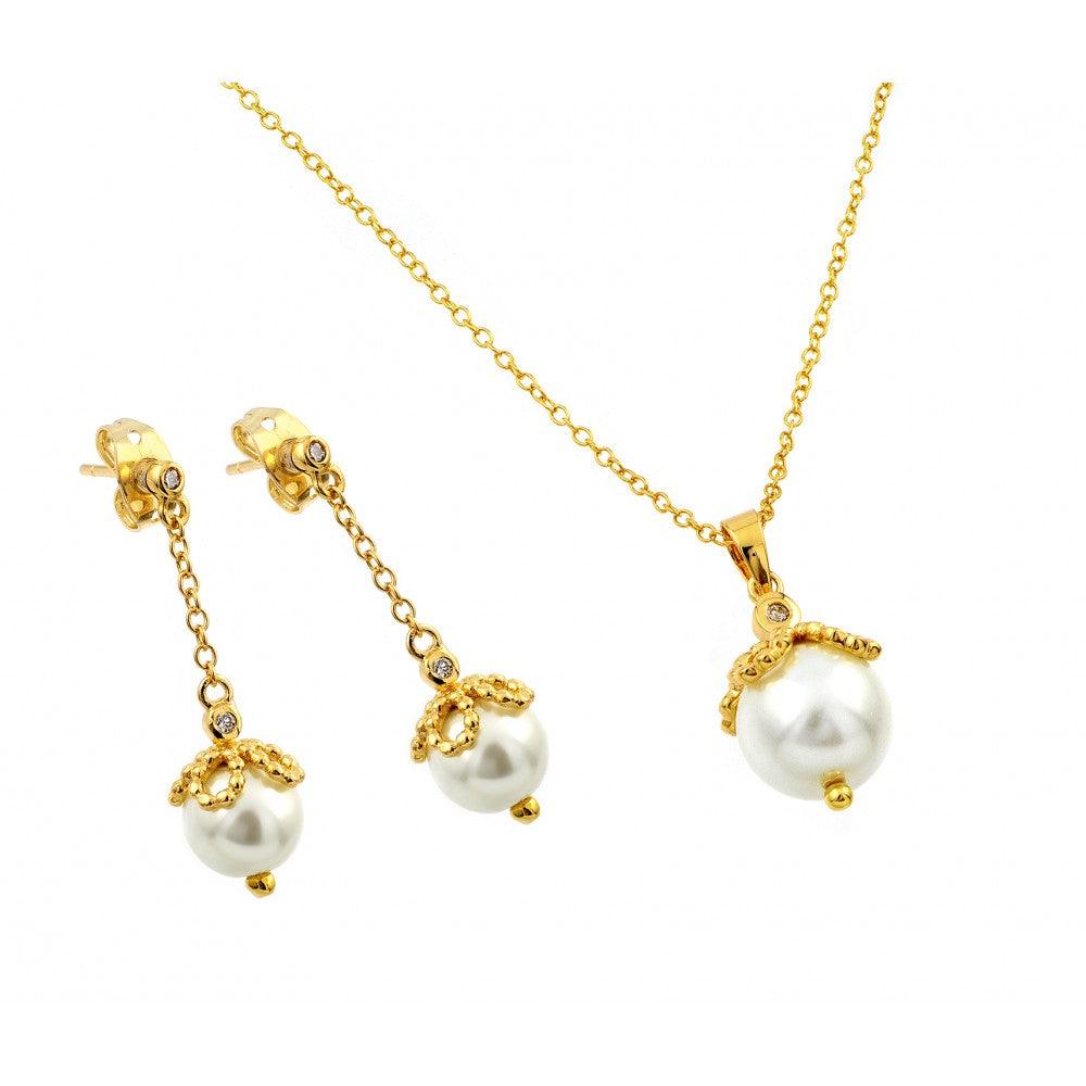 Silver 925 Gold Plated Pearl Drop Clear CZ Dangling Stud Earring and Necklace Set - BGS00414 | Silver Palace Inc.
