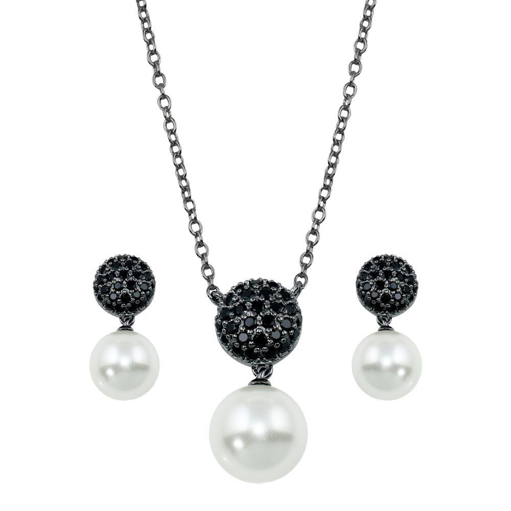 Silver 925 Oxidized Rhodium Plated Black Pearl Drop CZ Dangling Set - BGS00415 | Silver Palace Inc.
