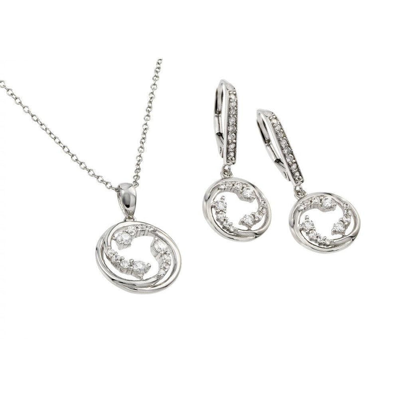Silver 925 Rhodium Plated Clear Open Circle Swirl CZ Leverback Earring and Necklace Set - BGS00418 | Silver Palace Inc.