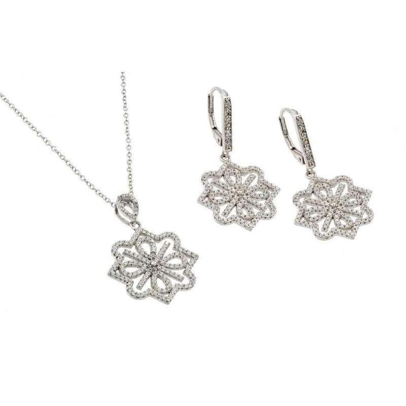 Silver 925 Rhodium Plated Clear French Flower CZ Leverback Earring and Necklace Set - BGS00419 | Silver Palace Inc.