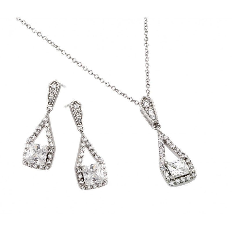 Silver 925 Rhodium Plated Clear Square CZ Hanging Stud Earring and Hanging Necklace Set - BGS00420 | Silver Palace Inc.