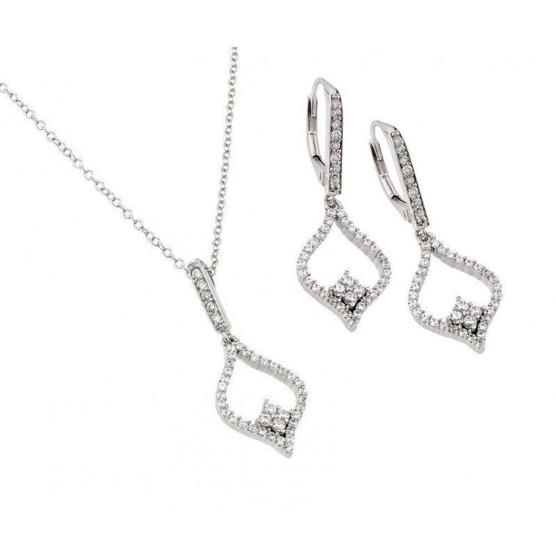 Silver 925 Rhodium Plated Clear Open Marquise CZ Leverback Earring and Hanging Necklace Set - BGS00421 | Silver Palace Inc.