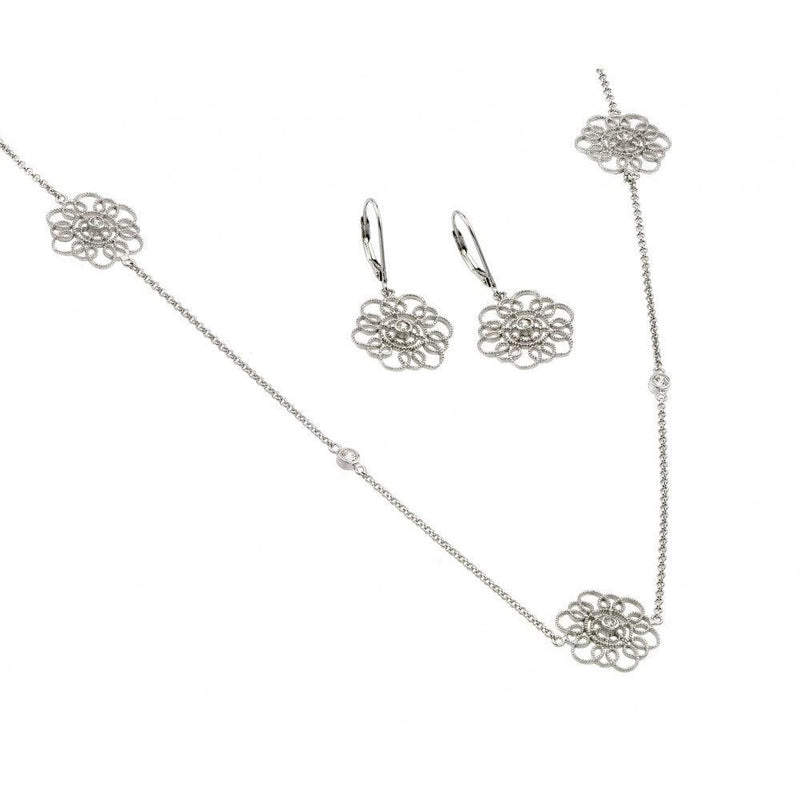 Silver 925 Rhodium Plated Clear Flower Filigree CZ Leverback Earring and Necklace Set - BGS00422 | Silver Palace Inc.