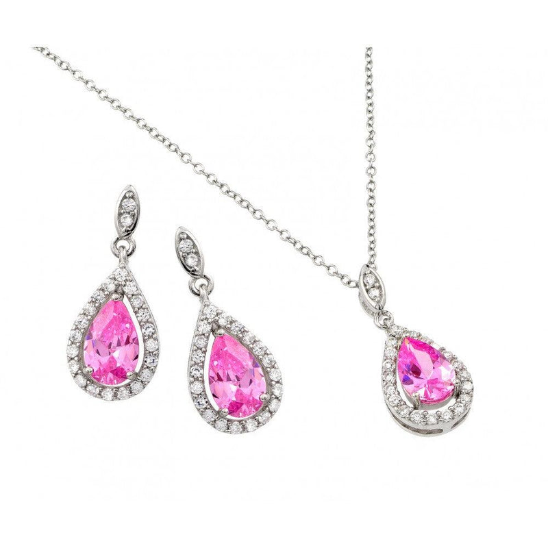 Silver 925 Rhodium Plated Clear Cluster Pink Teardrop CZ Dangling Stud Earring and Dangling Necklace Set - BGS00427 | Silver Palace Inc.