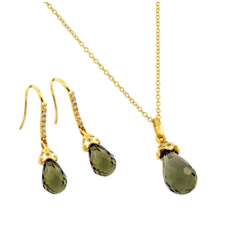 Silver 925 Gold Plated Green Teardrop CZ Hook Earring and Necklace Set - BGS00428 | Silver Palace Inc.
