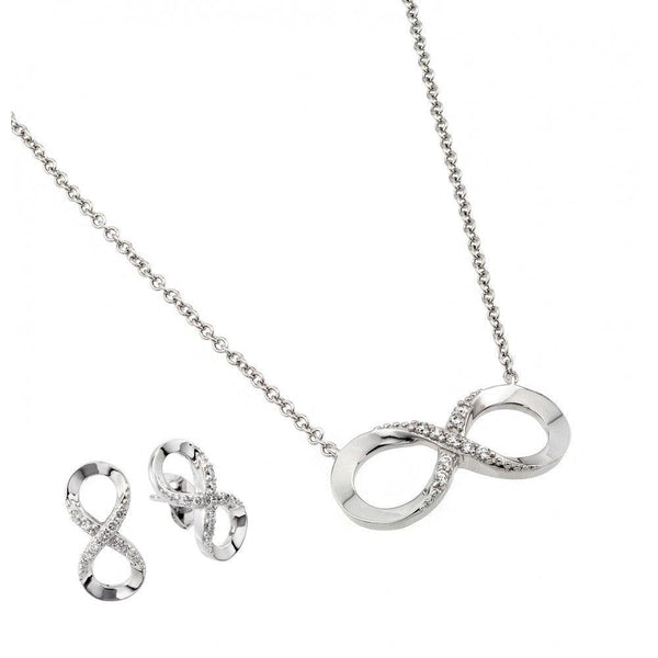 Silver 925 Rhodium Plated Clear Inlay Infinity CZ Stud Earring and Necklace Set - BGS00429 | Silver Palace Inc.