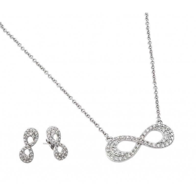 Silver 925 Rhodium Plated Clear Inlay Double Line Infinity CZ Stud Earring and Necklace Set - BGS00430 | Silver Palace Inc.